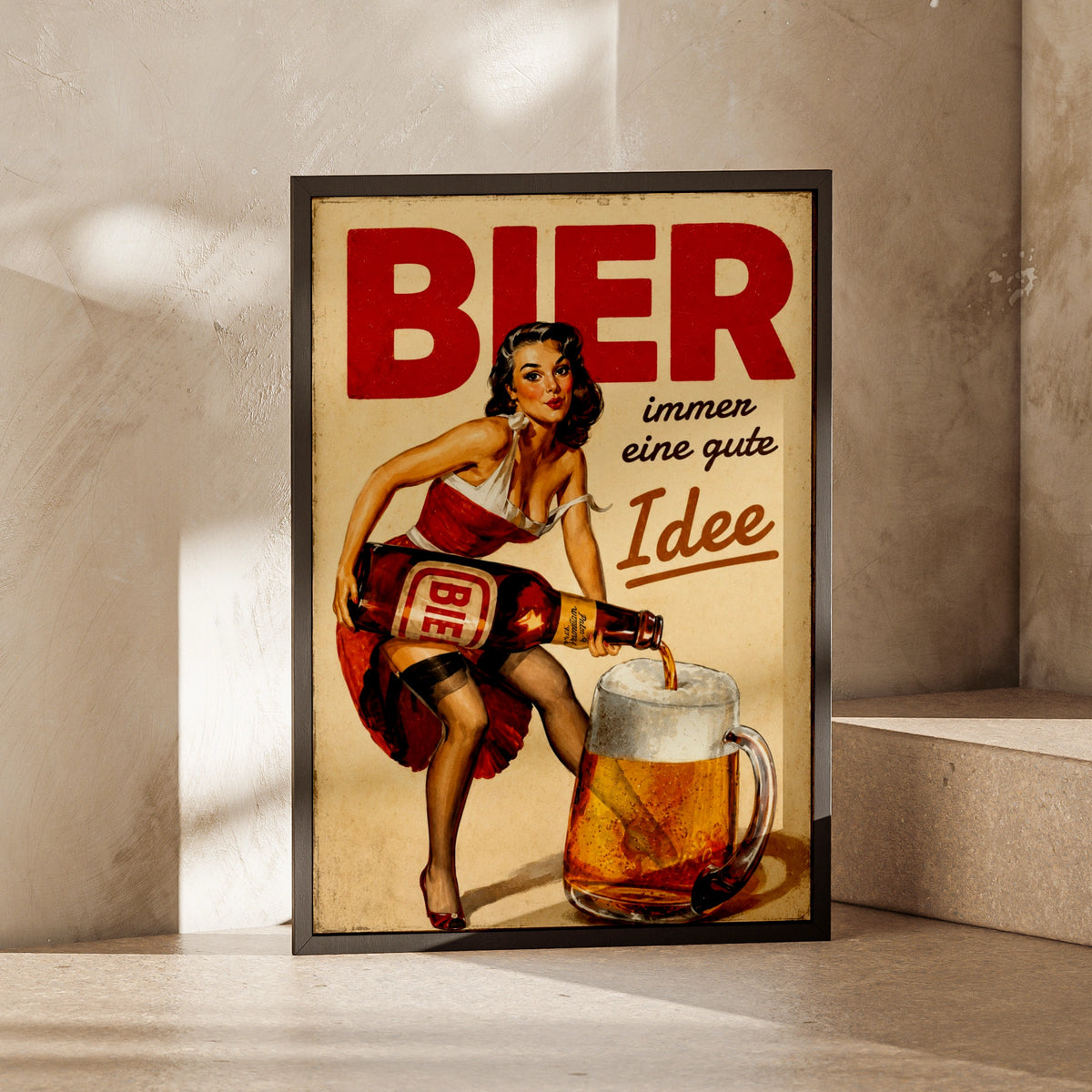 Retro Beer Pin Up Poster, Vintage German Bier Wall Art, Bar Pub Man Cave Decor