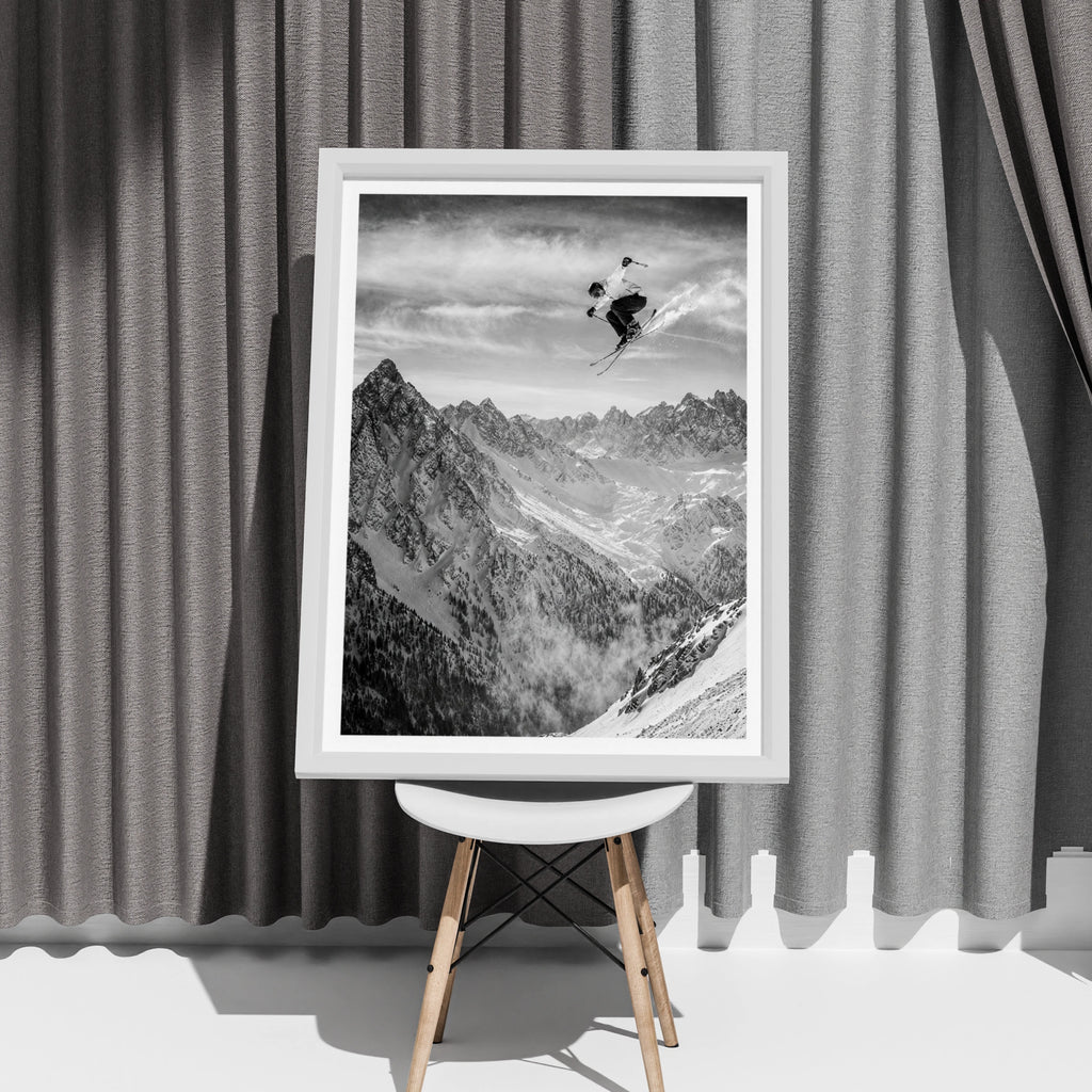 Skiing Jump Poster, Black White Mountain Wall Art, Skier Print, Snow Sports Decor