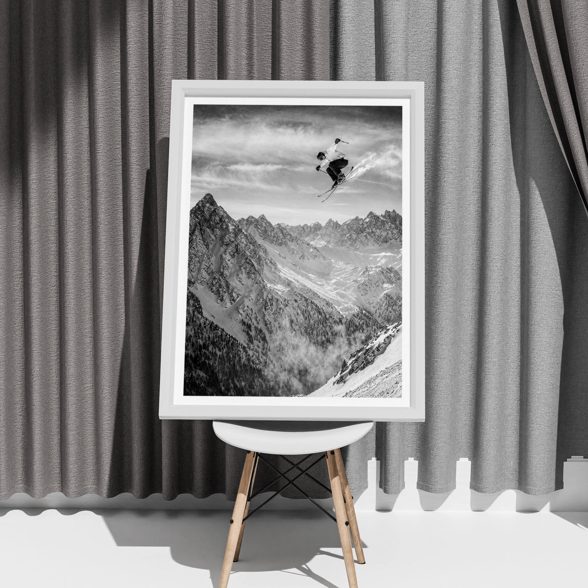 Skiing Jump Poster, Black White Mountain Wall Art, Skier Print, Snow Sports Decor