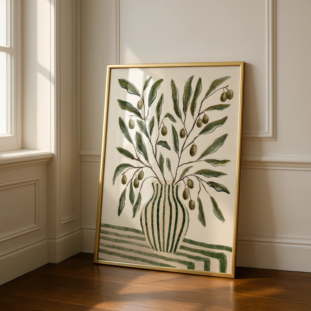 Olive Branch Pot Print, Watercolour Botanical Wall Art, Green Striped Vase Poster