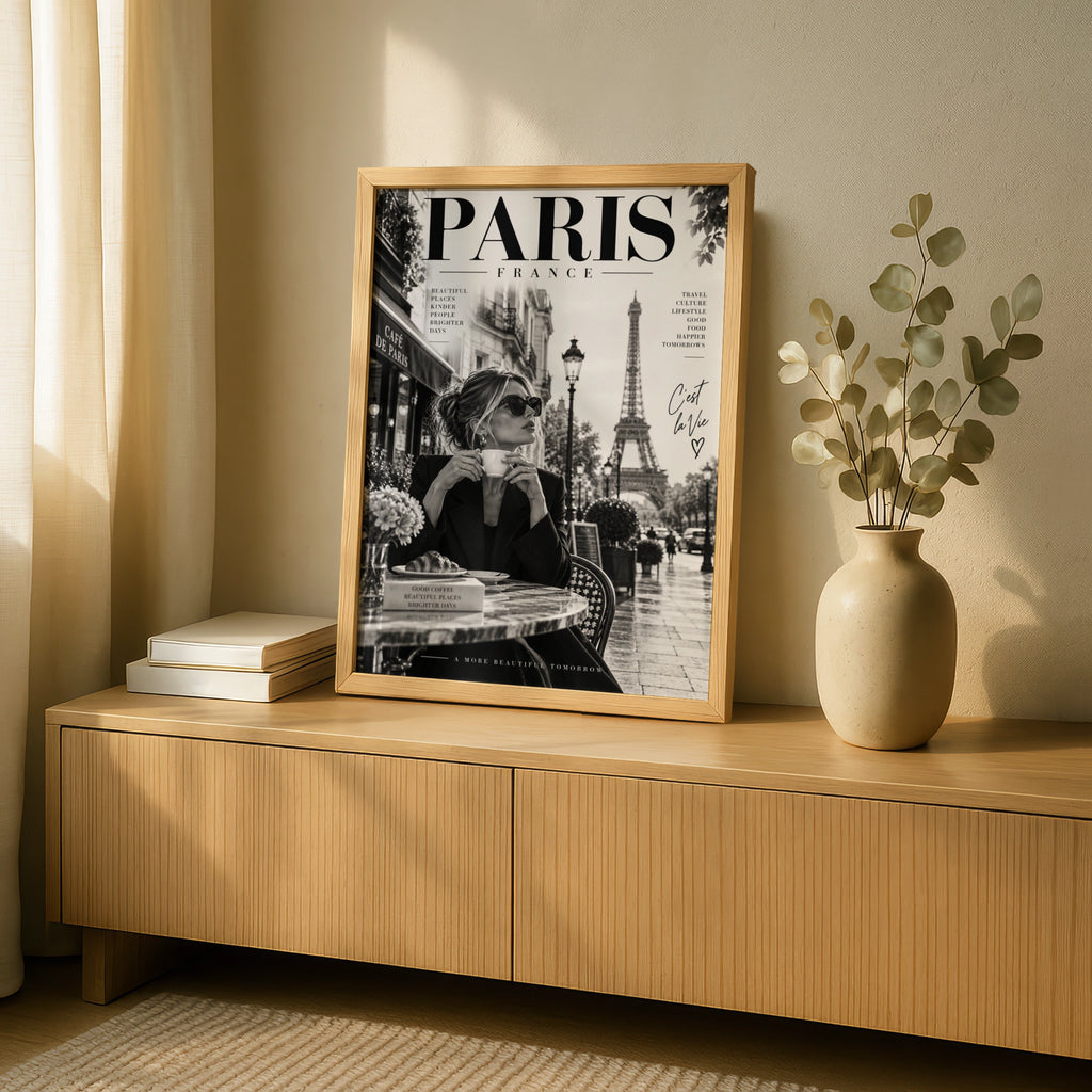 Paris France Magazine Style Poster, Eiffel Tower Wall Art, Black White Cafe Print