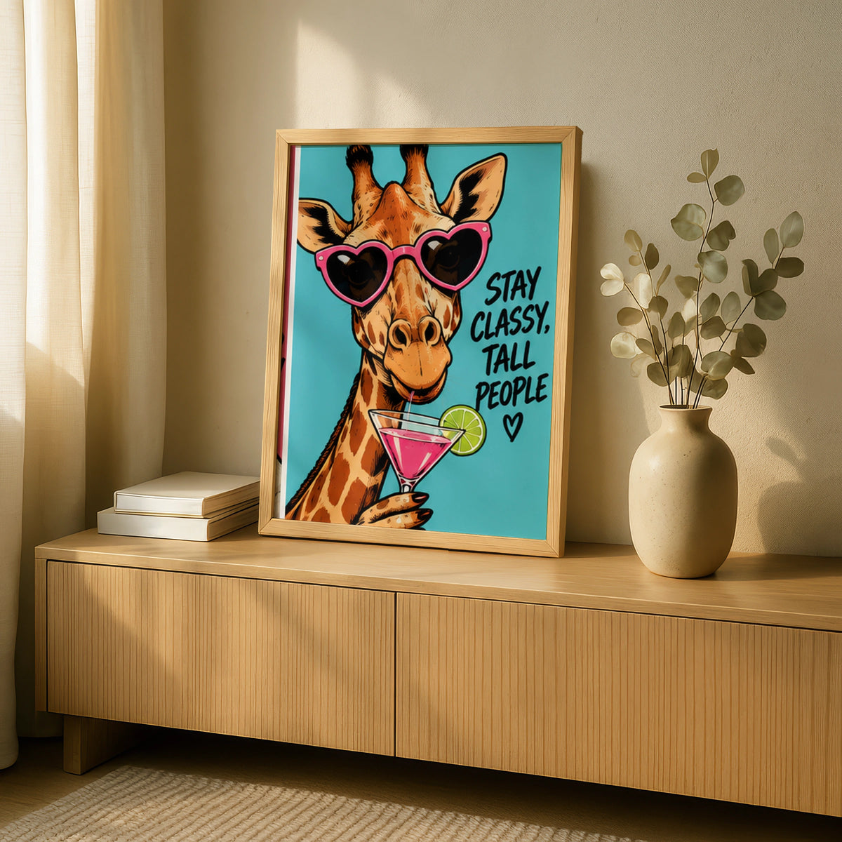 Stay Classy Tall People Giraffe Poster, Funny Animal Wall Art, Pink Cocktail Print
