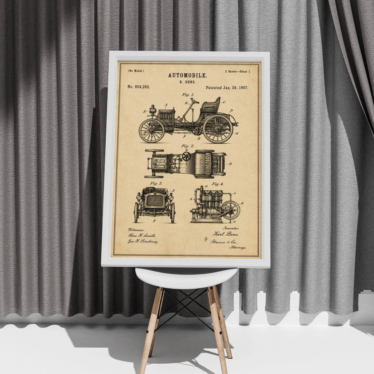 Karl Benz Automobile Patent Print, Vintage Car Poster, 1907 Blueprint Wall Art