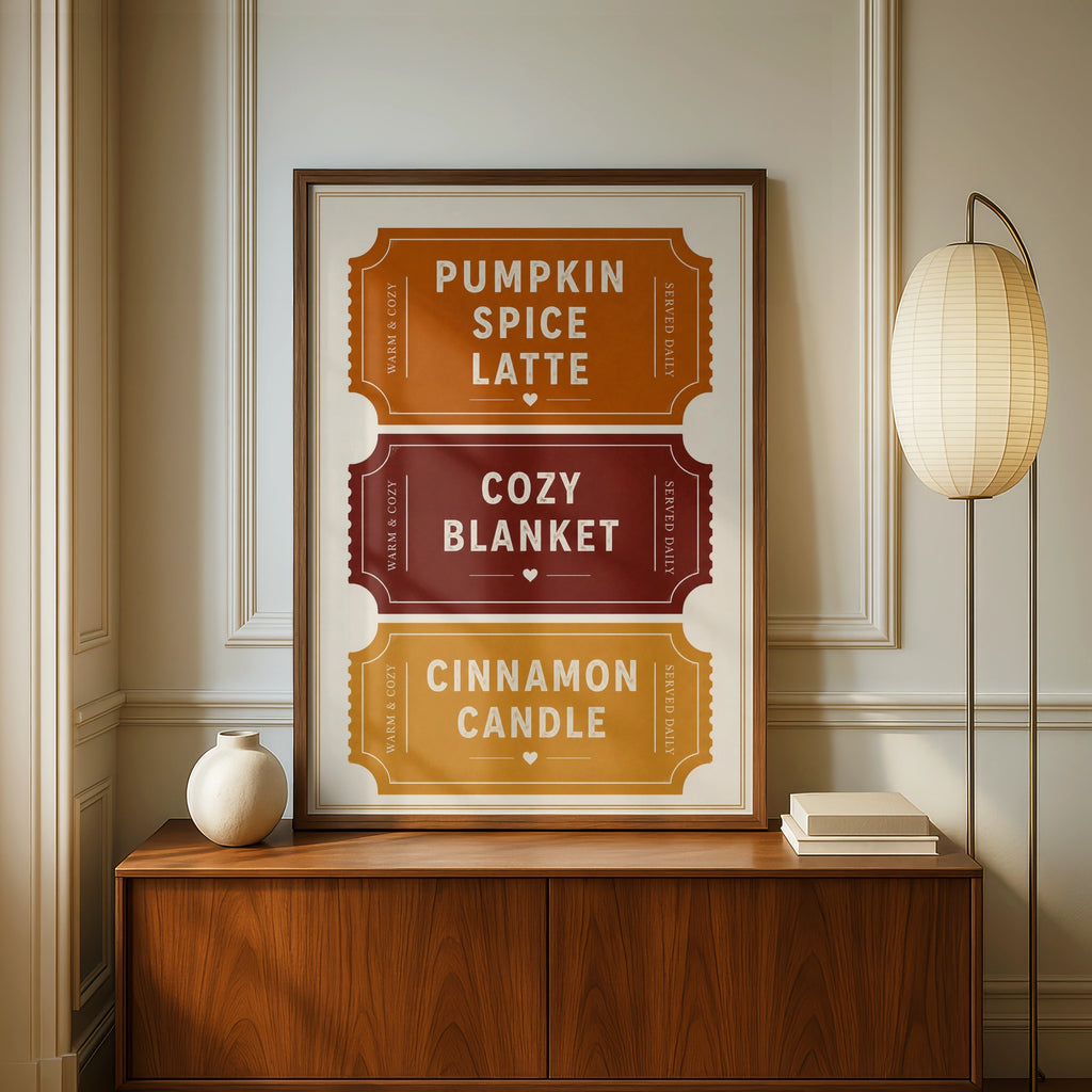 Pumpkin Spice Latte Autumn Ticket Poster, Cozy Fall Wall Art, Warm Burnt Orange Print