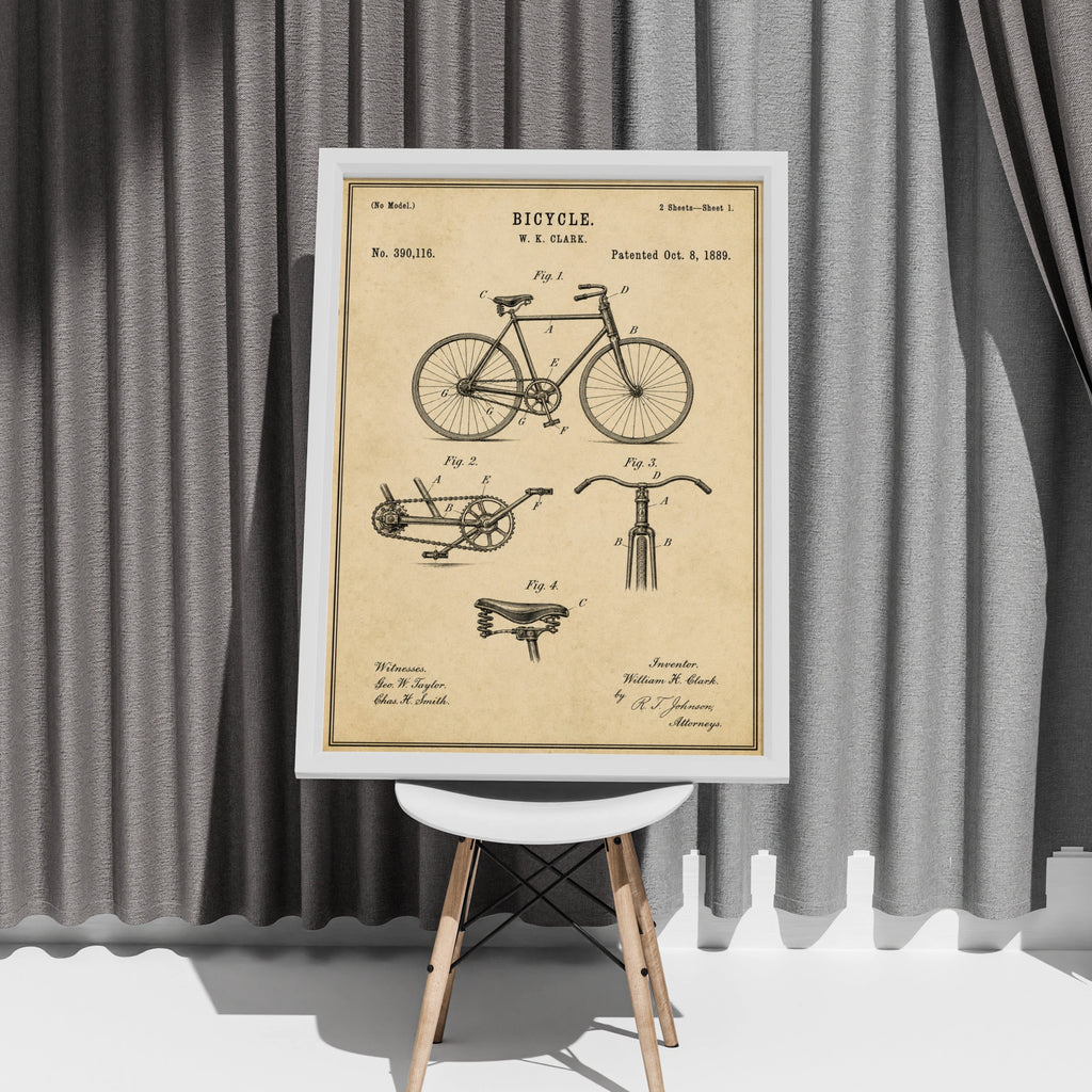 Vintage Bicycle Patent Print, 1889 Antique Bike Diagram, Cycling Wall Art Poster