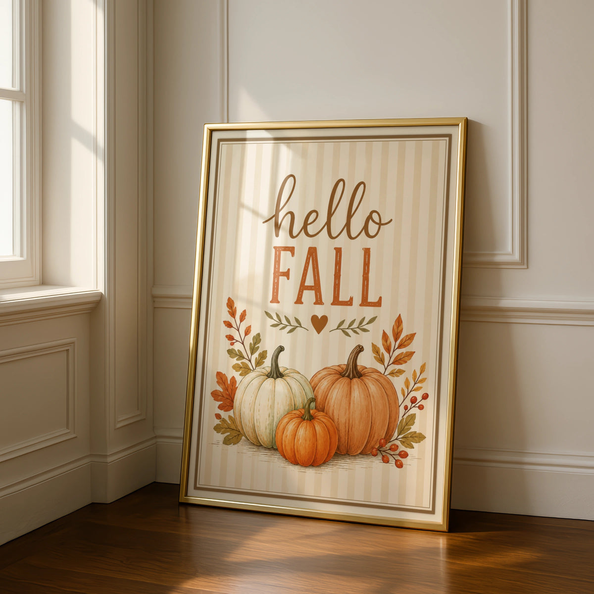 Hello Fall Pumpkin Wall Art, Autumn Harvest Poster, Rustic Orange Cream Home Decor Print