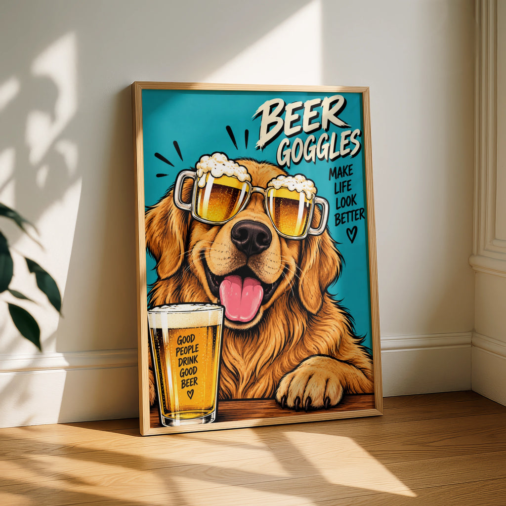Beer Goggles Golden Retriever Poster, Funny Dog Beer Wall Art, Man Cave Print