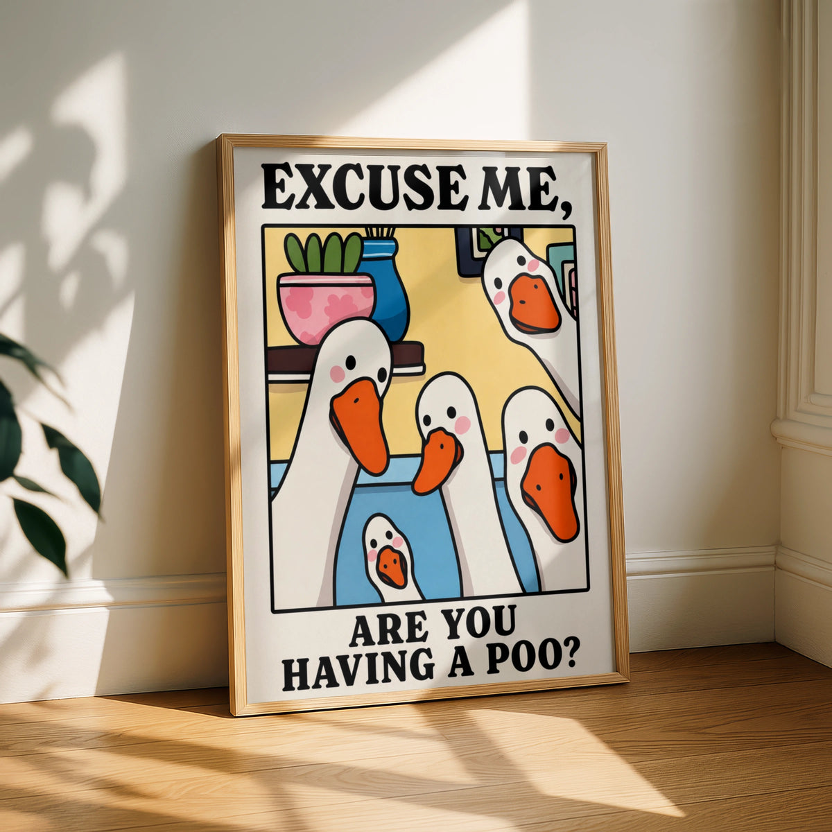 Funny Duck Bathroom Poster, Excuse Me Are You Having A Poo, Toilet Wall Art Print