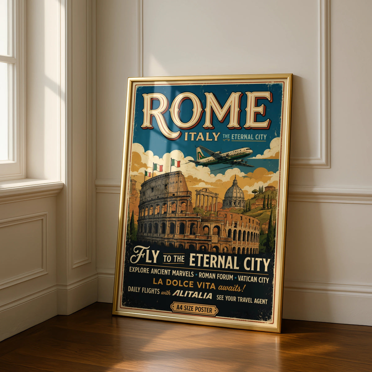 Rome Italy Vintage Travel Poster, Retro Colosseum Wall Art, Italian Print