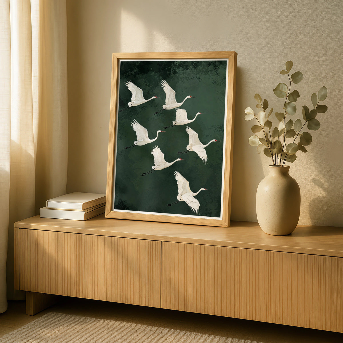 Flying Cranes Poster, White Crane Flock Wall Art, Dark Green Bird Print, Nature Wildlife Decor
