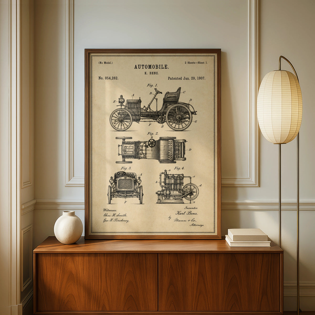 Karl Benz Automobile Patent Print, Vintage Car Poster, 1907 Blueprint Wall Art