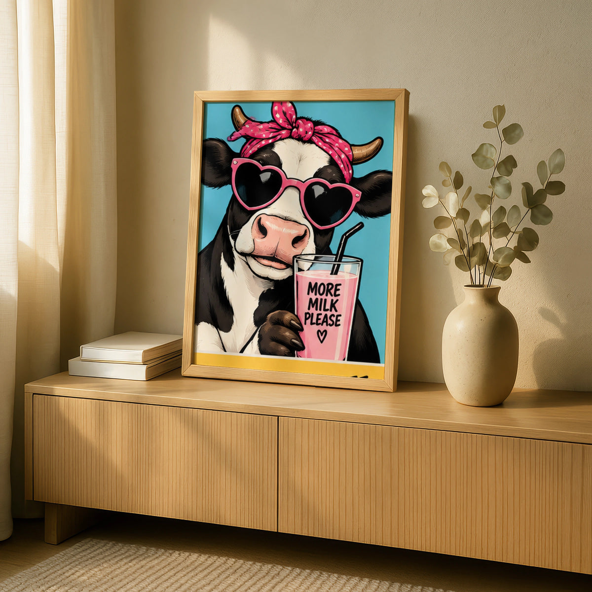 Funny Cow Poster, More Milk Please Print, Cute Kitchen Wall Art, Pop Art Decor