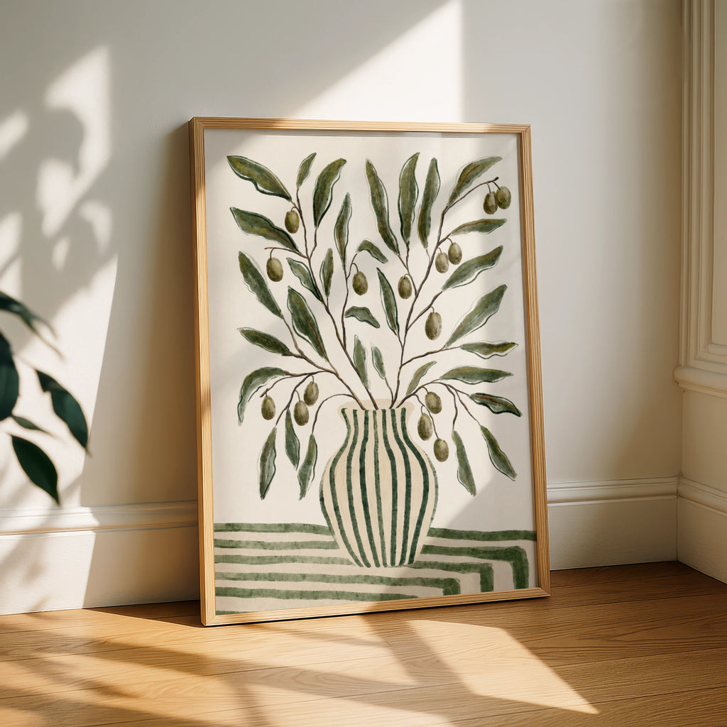Olive Branch Pot Print, Watercolour Botanical Wall Art, Green Striped Vase Poster