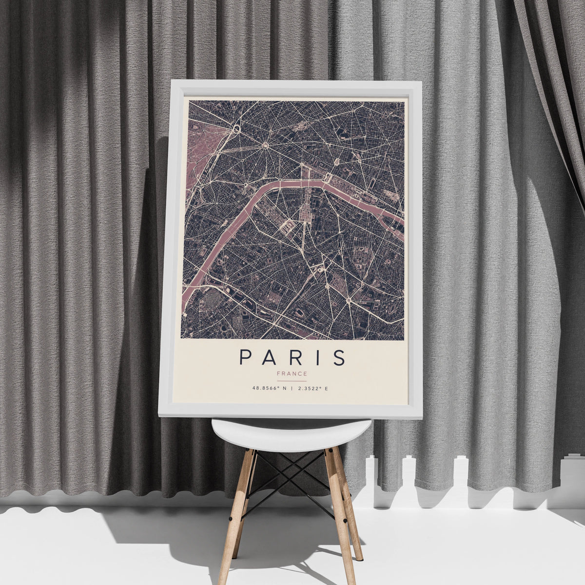 Paris Map Poster, France City Street Map Print, Dark Moody Wall Art, Seine River