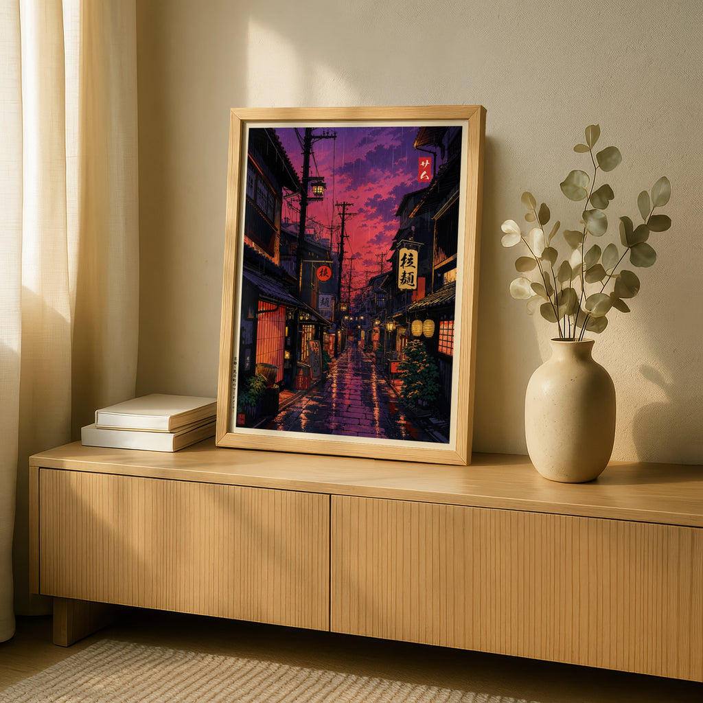 Japan Street at Night Poster, Anime Aesthetic Wall Art, Rainy Tokyo Alley Print