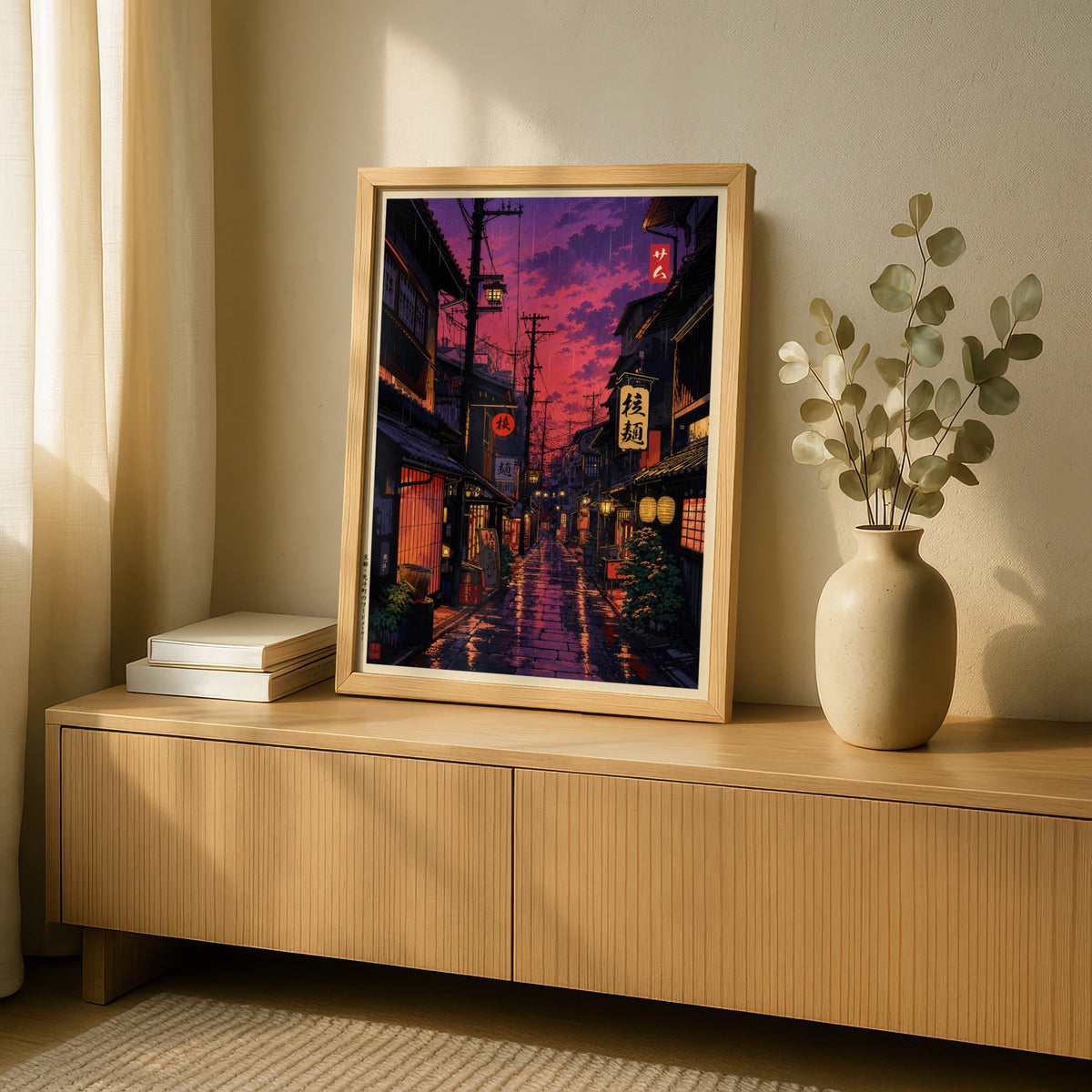 Japan Street at Night Poster, Anime Aesthetic Wall Art, Rainy Tokyo Alley Print