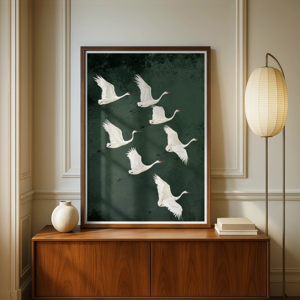 Flying Cranes Poster, White Crane Flock Wall Art, Dark Green Bird Print, Nature Wildlife Decor