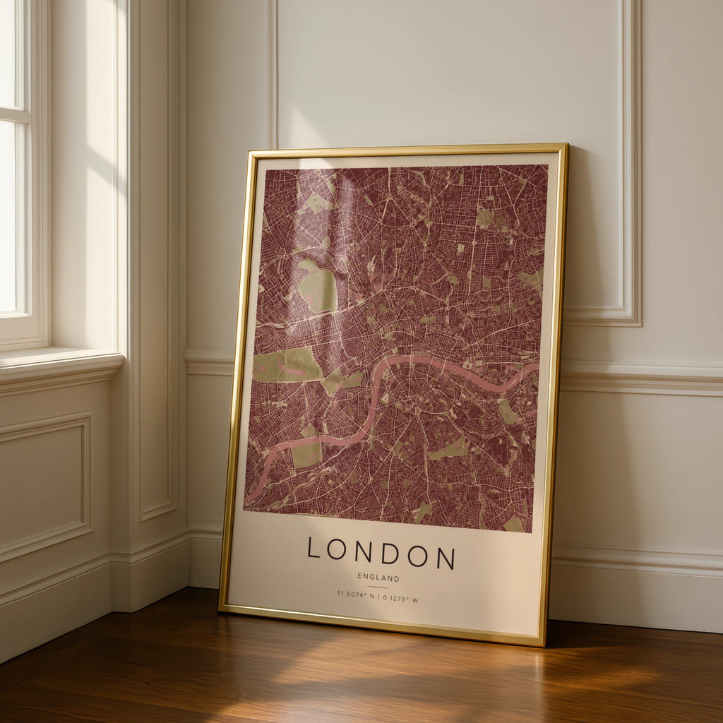 London City Map Poster, England Street Map Print, Burgundy Red Wall Art Gift