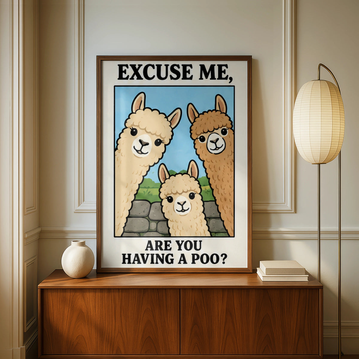 Funny Alpaca Bathroom Poster, Excuse Me Are You Having A Poo, Cute Animal Wall Art
