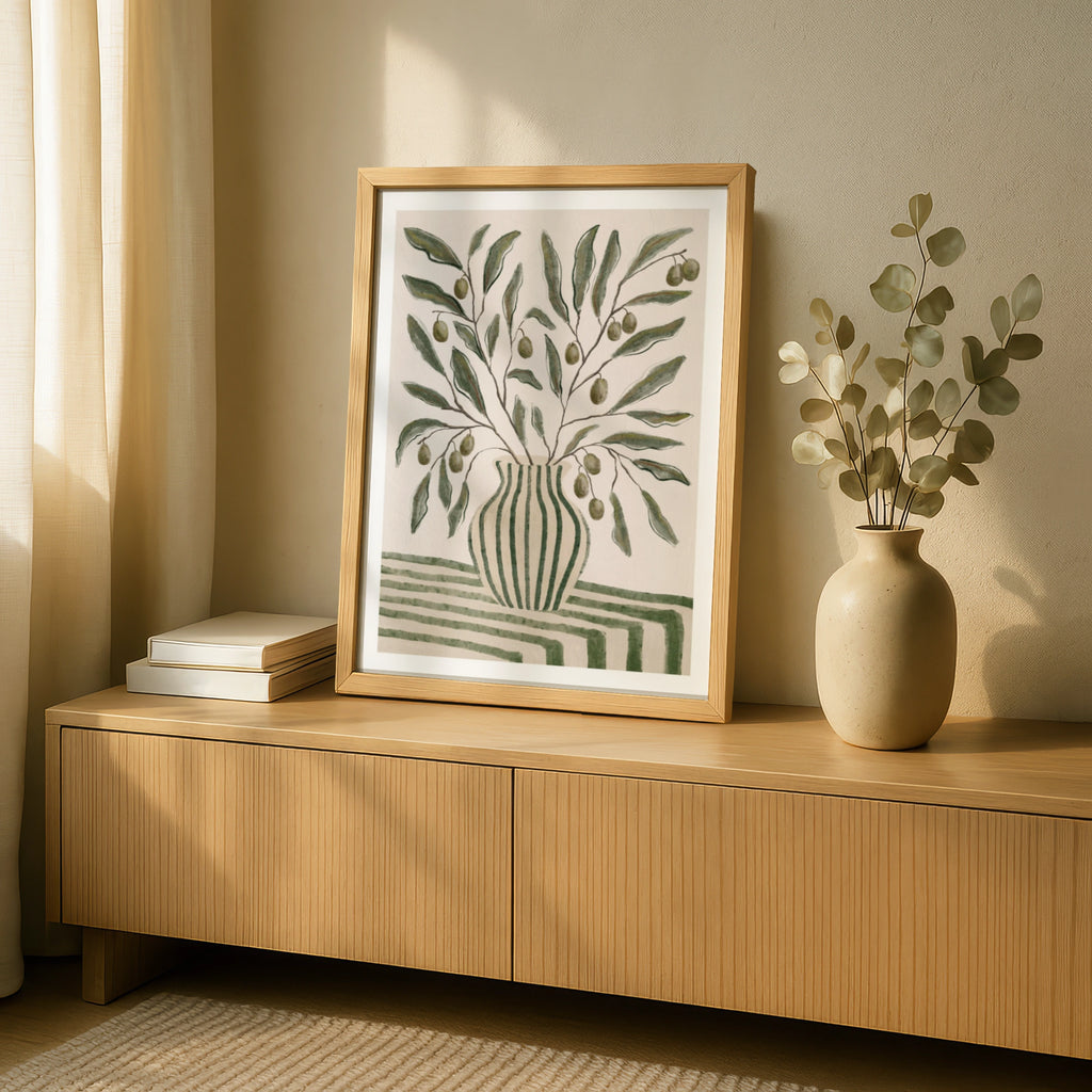 Olive Branch Vase Print, Botanical Wall Art, Watercolour Striped Pot, Green Neutral Kitchen Poster