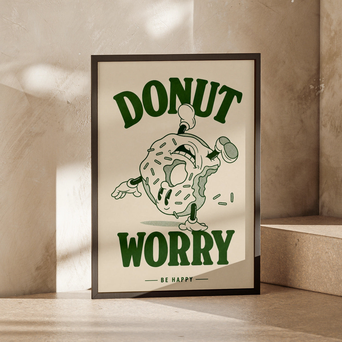 Donut Worry Be Happy Poster, Retro Green Cartoon Wall Art, Funny Kitchen Print