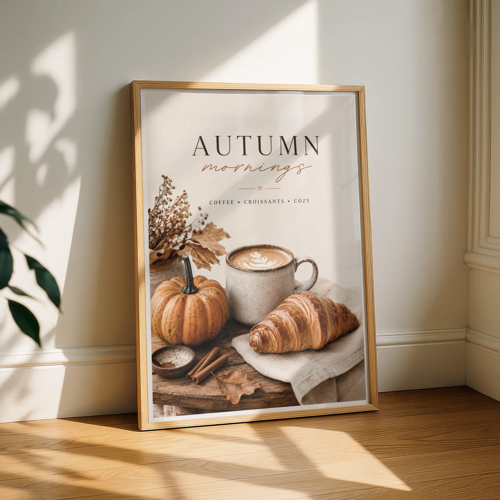 Autumn Mornings Coffee Poster, Cosy Fall Kitchen Wall Art, Pumpkin Croissant Print