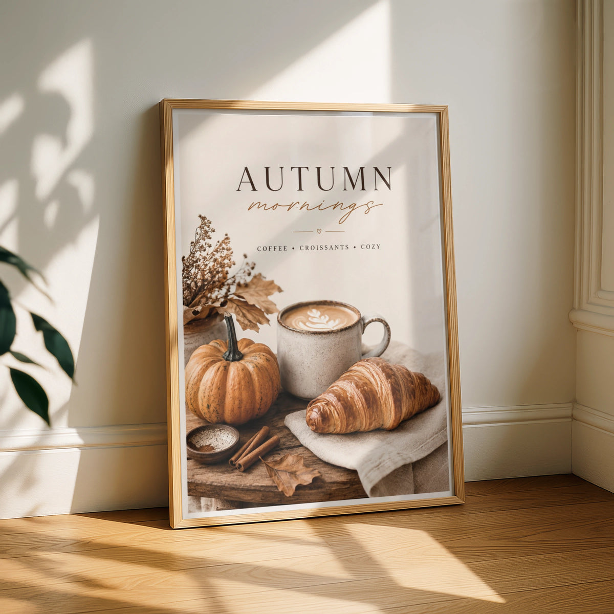 Autumn Mornings Coffee Poster, Cosy Fall Kitchen Wall Art, Pumpkin Croissant Print
