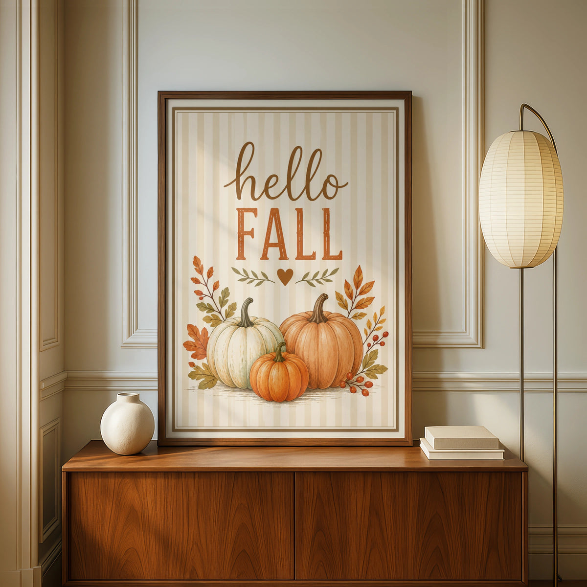 Hello Fall Pumpkin Wall Art, Autumn Harvest Poster, Rustic Orange Cream Home Decor Print