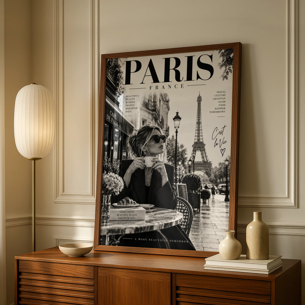 Paris France Magazine Style Poster, Eiffel Tower Wall Art, Black White Cafe Print