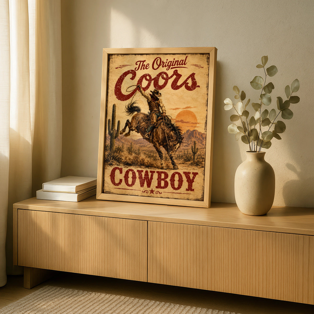 Coors Cowboy Vintage Western Poster, Rodeo Bull Riding Wall Art, Retro Beer Sign Print