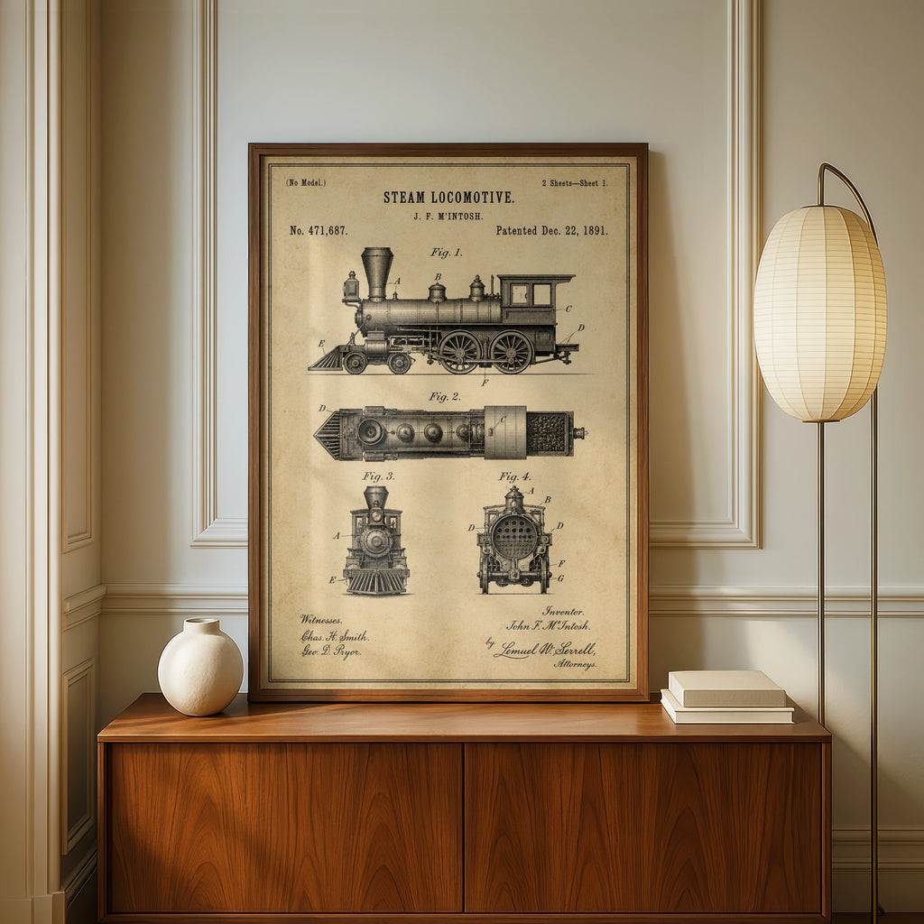 Steam Locomotive Patent Print, Vintage Train Blueprint Poster, Railway Wall Art