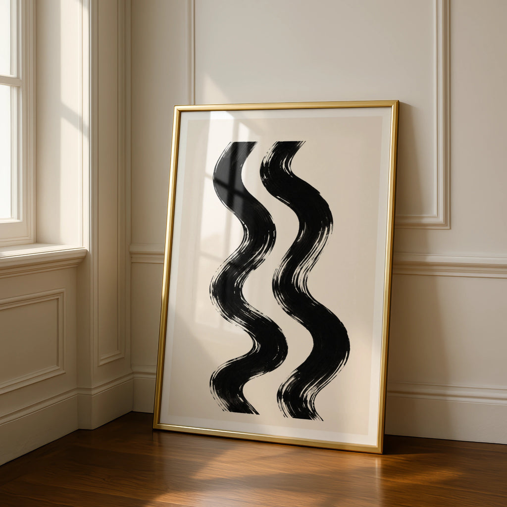 Abstract Swirl Poster, Black Cream Brushstroke Wall Art, Minimalist Wavy Lines Print