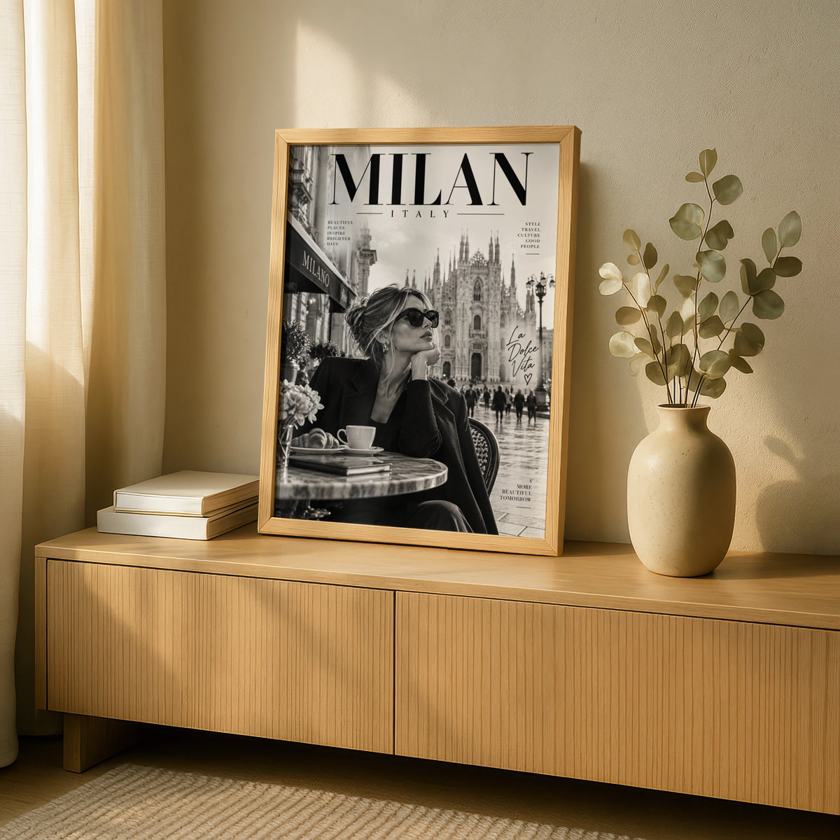 Milan Italy Poster, La Dolce Vita Wall Art, Black White Fashion Travel Print