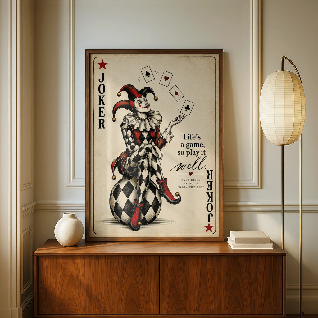 Joker Card Poster, Life's A Game Quote Print, Vintage Jester Wall Art, Red Black