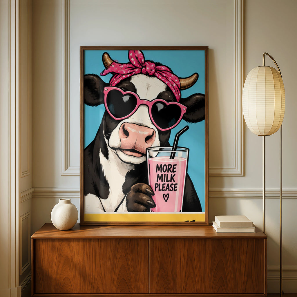 Funny Cow Poster, More Milk Please Print, Cute Kitchen Wall Art, Pop Art Decor
