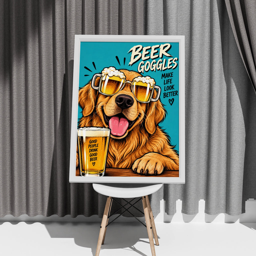 Beer Goggles Golden Retriever Poster, Funny Dog Beer Wall Art, Man Cave Print