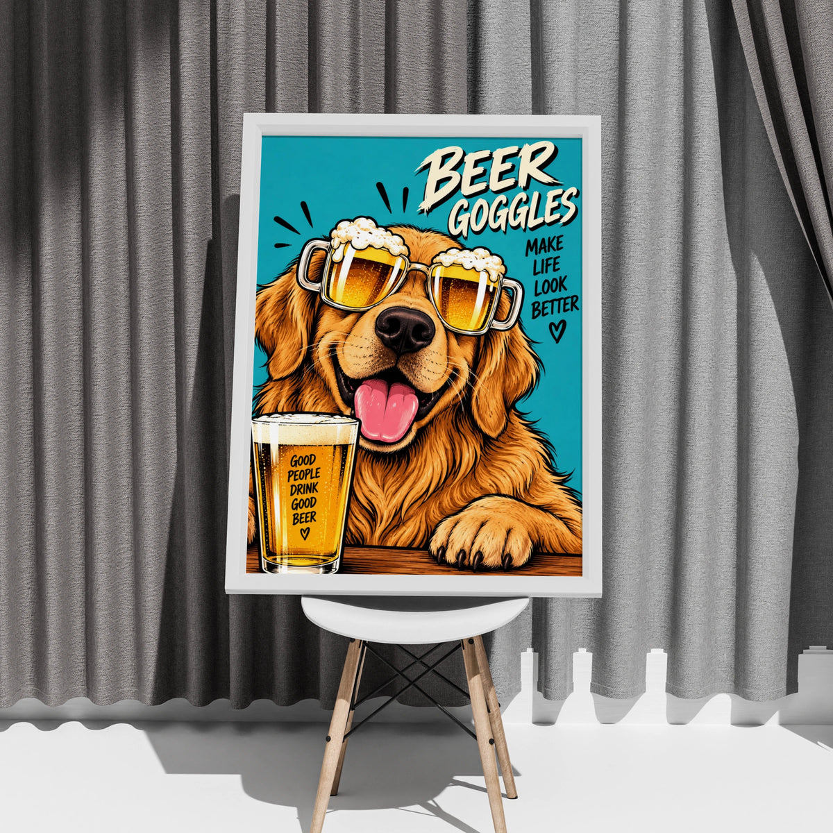 Beer Goggles Golden Retriever Poster, Funny Dog Beer Wall Art, Man Cave Print