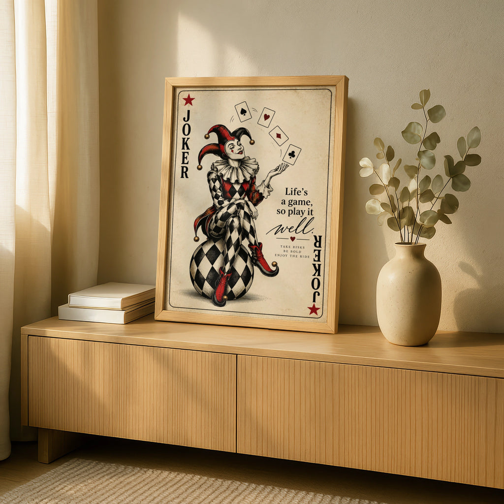 Joker Card Poster, Life's A Game Quote Print, Vintage Jester Wall Art, Red Black