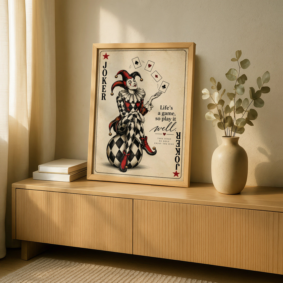 Joker Card Poster, Life's A Game Quote Print, Vintage Jester Wall Art, Red Black