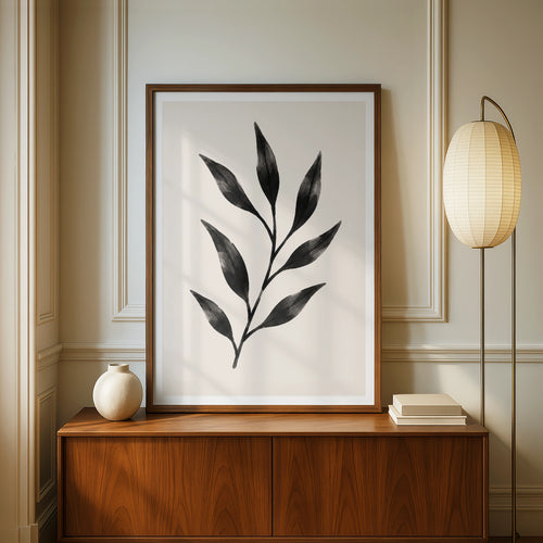 Abstract Leaf Botanical Poster, Black Minimalist Plant Wall Art, Scandi Nature Print