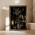 Japanese Street at Night Poster, Rainy Kyoto Alley Print, Dark Moody Japan Wall Art