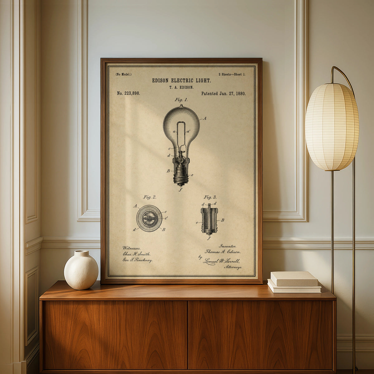 Edison Electric Light Bulb Patent Print, Vintage Invention Poster, Sepia Engineer Wall Art
