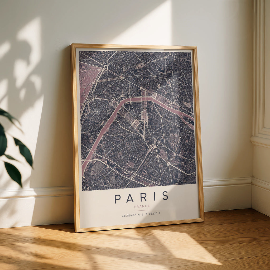 Paris Map Poster, France City Street Map Print, Dark Moody Wall Art, Seine River
