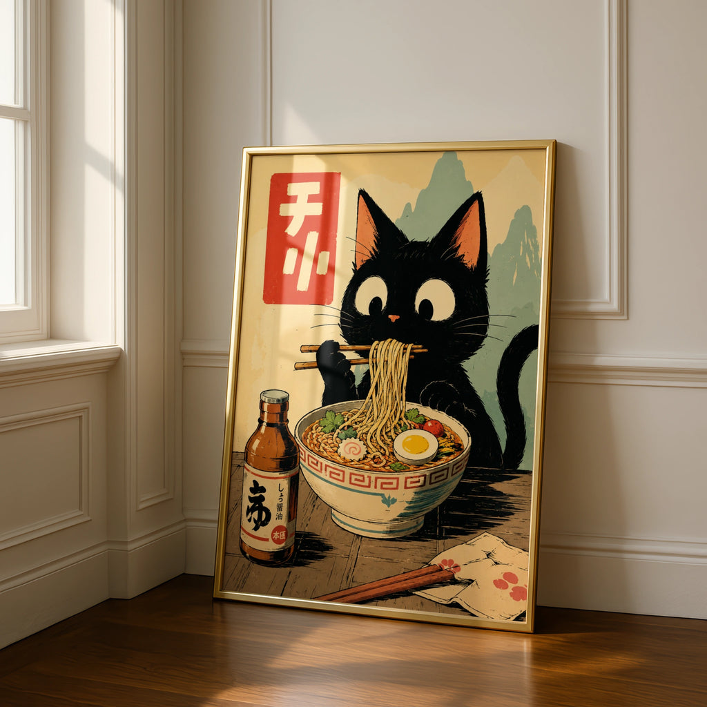 Black Cat Eating Ramen Poster, Japanese Style Wall Art, Cute Cat Noodle Print