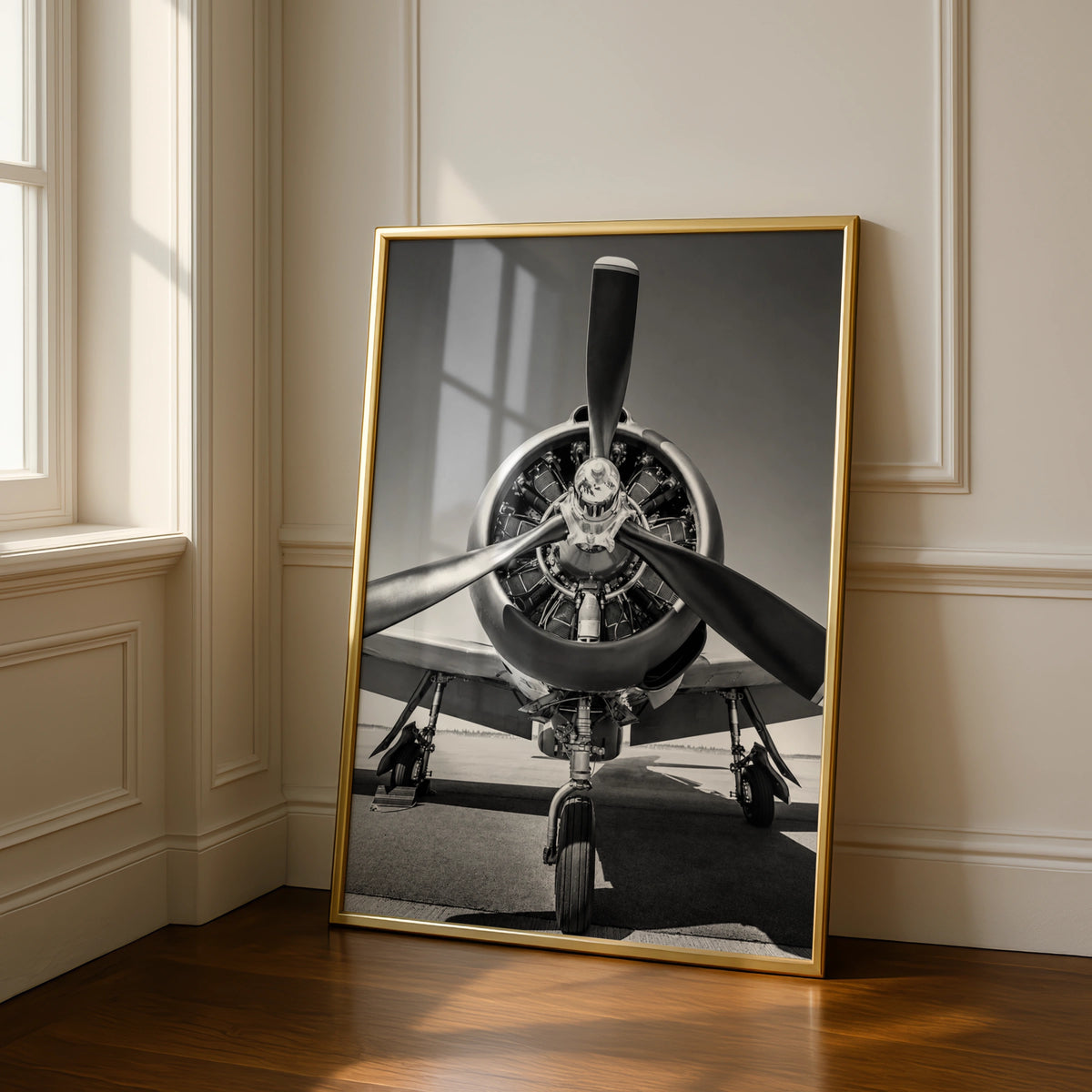 Vintage Propeller Aeroplane Black White Poster, Radial Engine Aircraft Wall Art Print