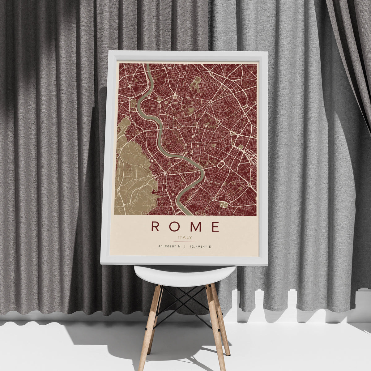 Rome Italy Map Poster, City Street Map Print, Deep Red Minimalist Wall Art